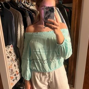 Aeropostale teal off the shoulders, long sleeves top/blouse size small